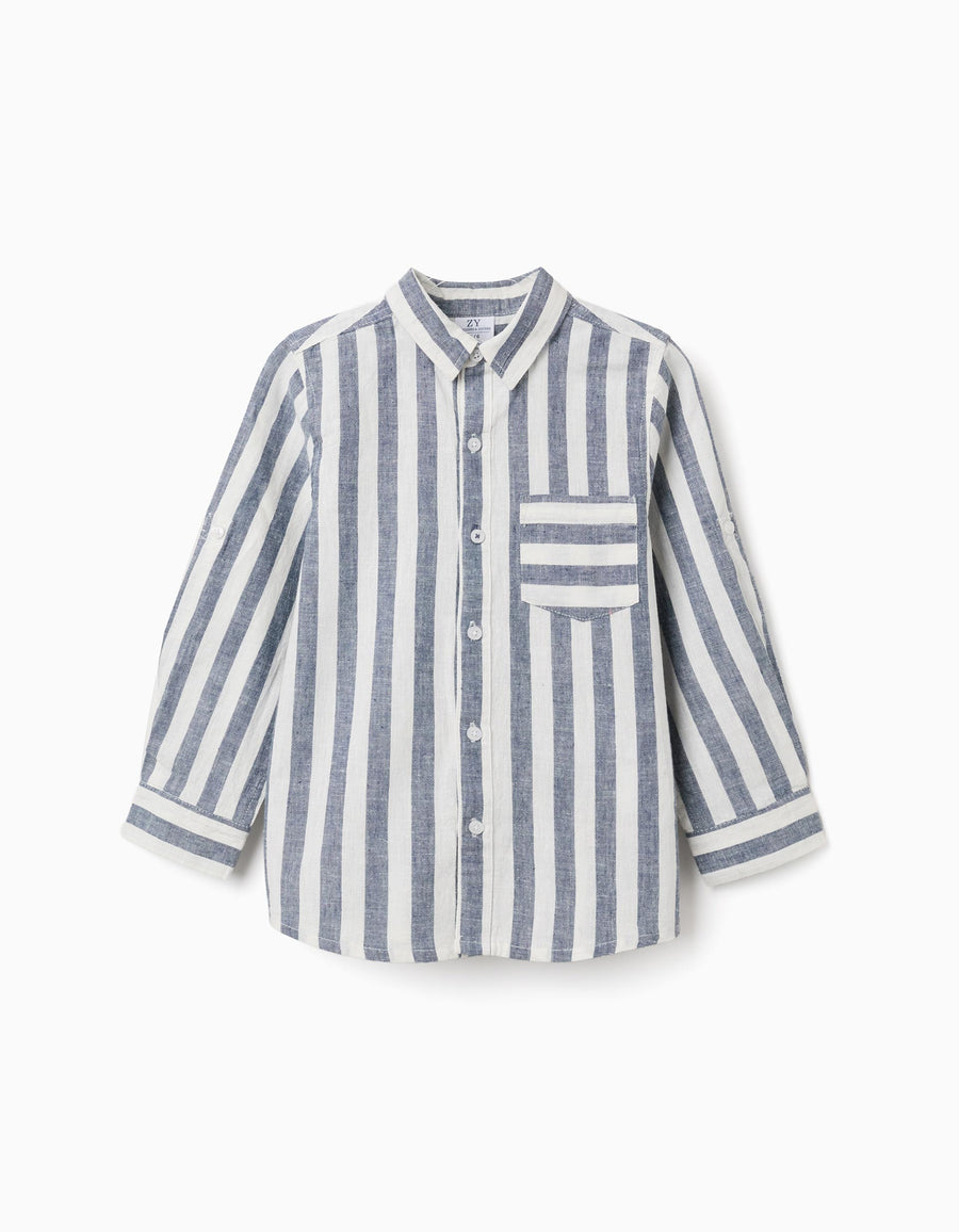 Striped cotton and linen shirt You&Me for boys, white/blue