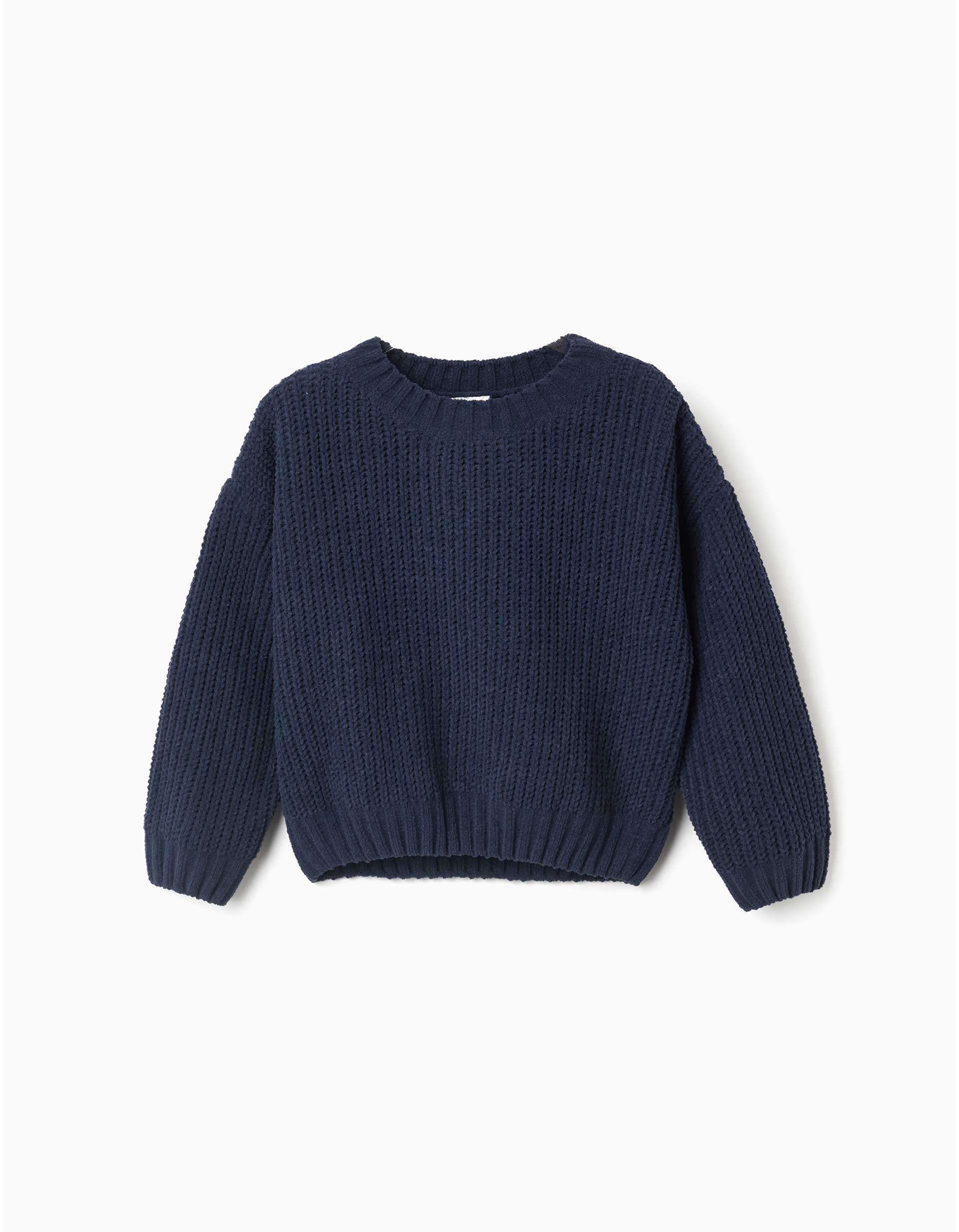 Chenille knit jumper with dropped shoulders for girls, navy blue