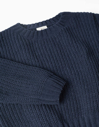 Chenille knit jumper with dropped shoulders for girls, navy blue