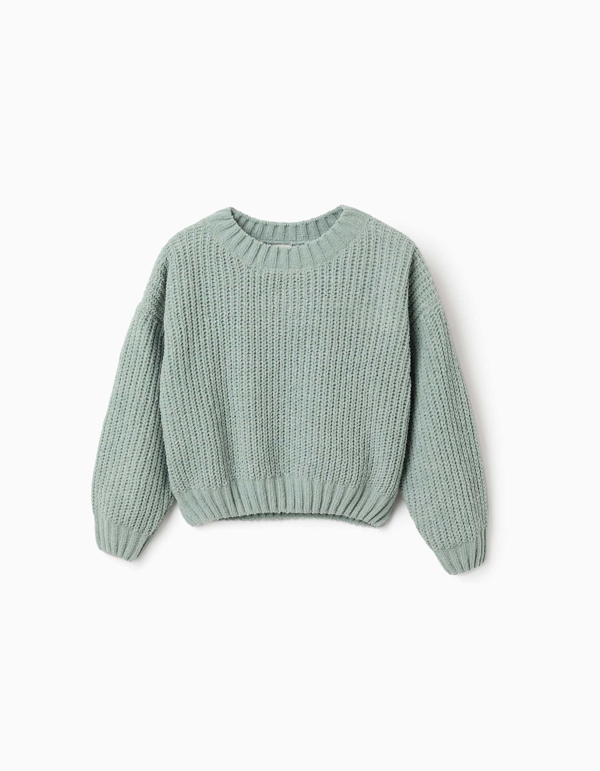 Chenille knit jumper with dropped shoulders for girls, light green