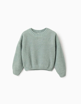 Chenille knit jumper with dropped shoulders for girls, light green