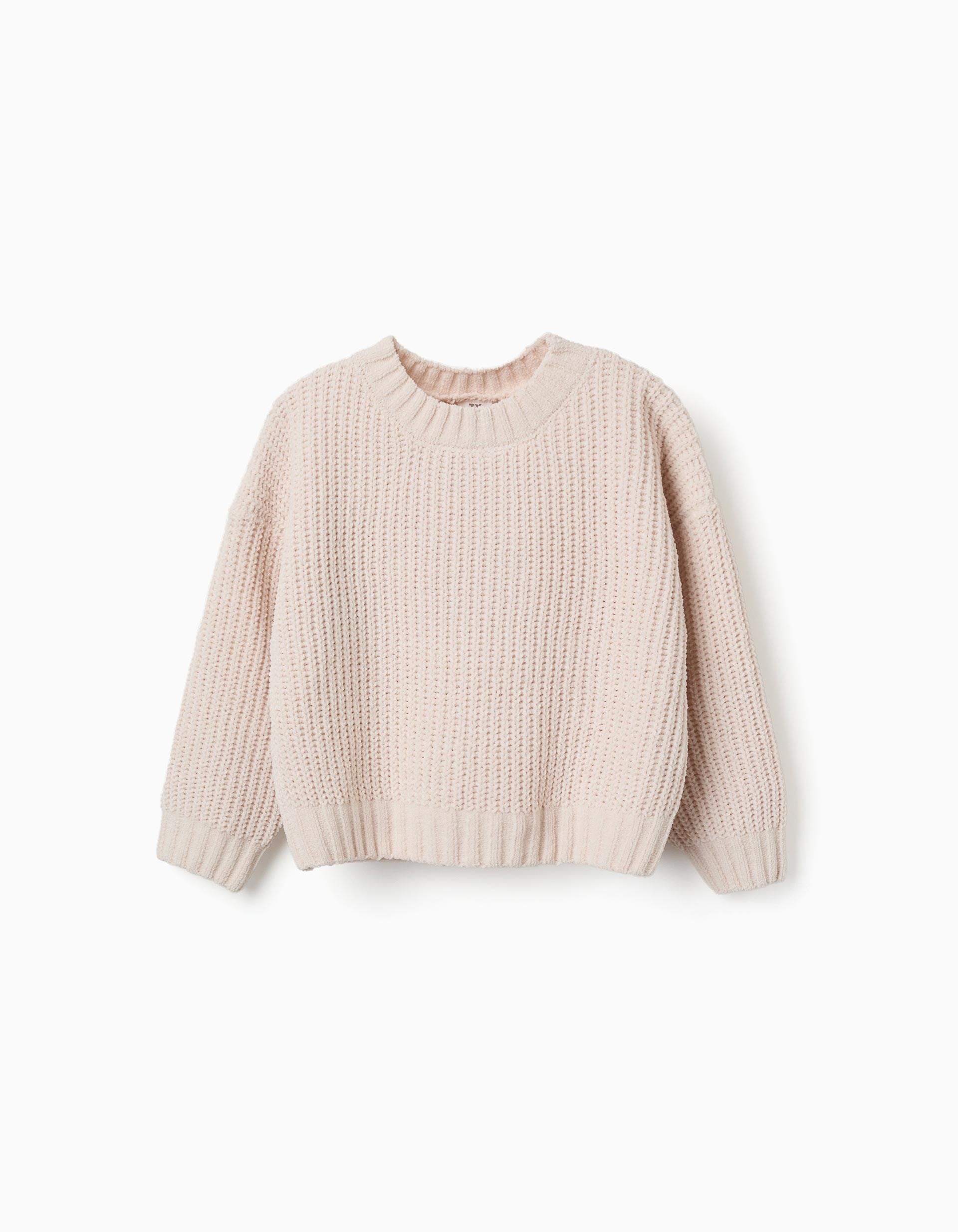 Chenille knit jumper with dropped shoulders for girls, light beige