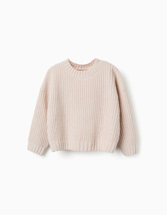Chenille knit jumper with dropped shoulders for girls, light beige