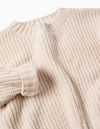 Chenille knit jumper with dropped shoulders for girls, light beige
