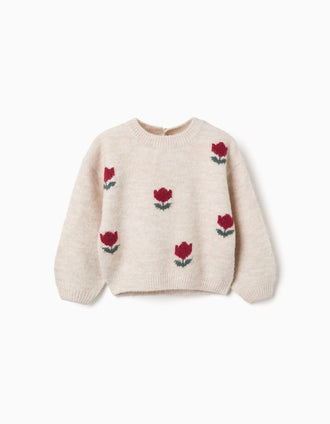 Knitted jumper with intarsia flowers for baby girls, light beige