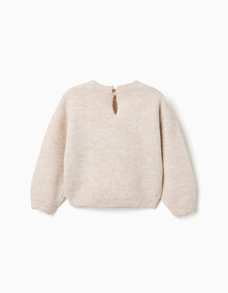 Knitted jumper with intarsia flowers for baby girls, light beige