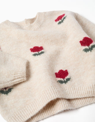 Knitted jumper with intarsia flowers for baby girls, light beige