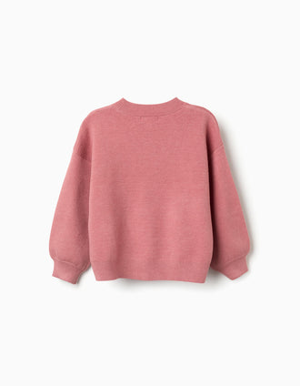Knitted jumper with embroidered flowers for girls, pink