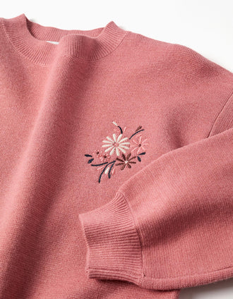Knitted jumper with embroidered flowers for girls, pink