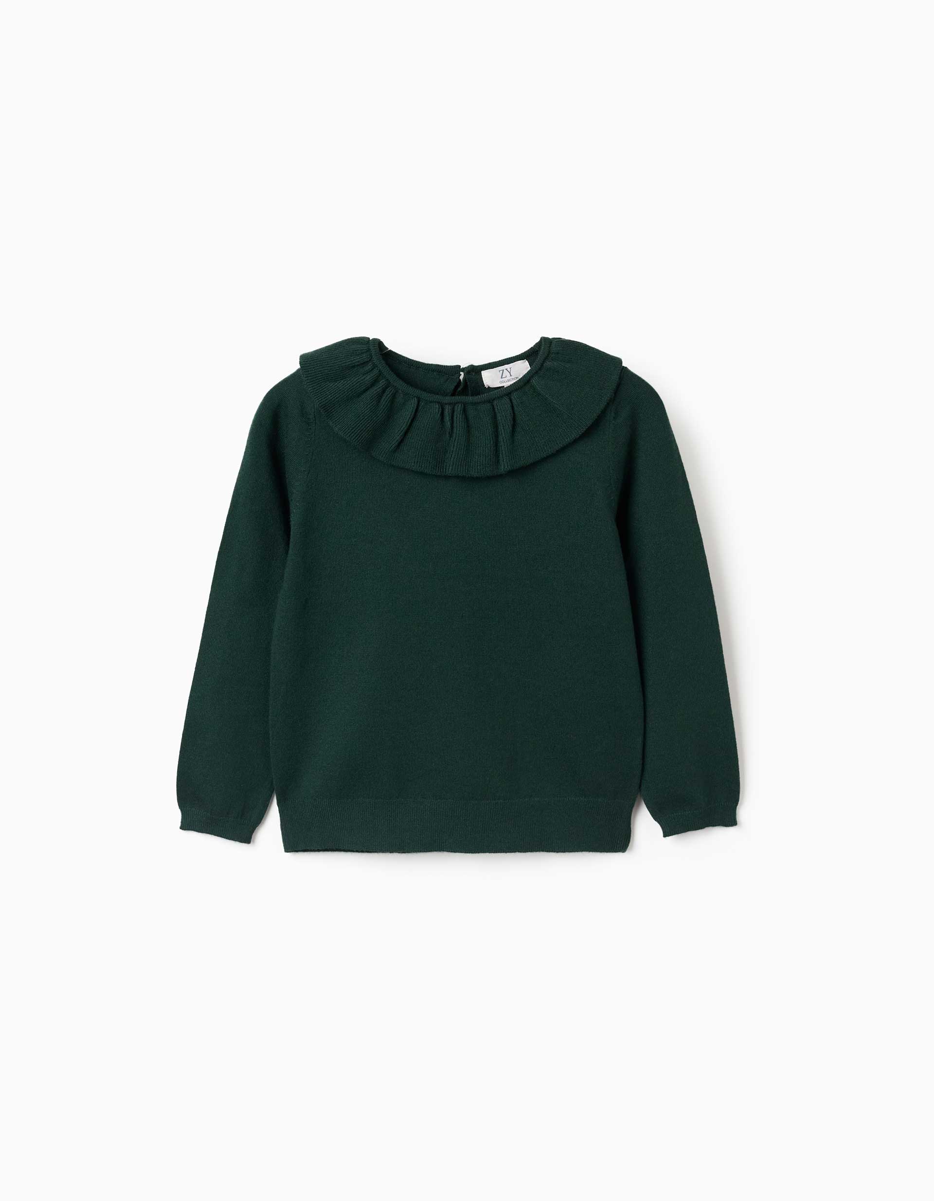 Camisola de malha com gola de folhos para menina, verde-escuro
