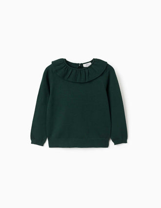 Camisola de malha com gola de folhos para menina, verde-escuro