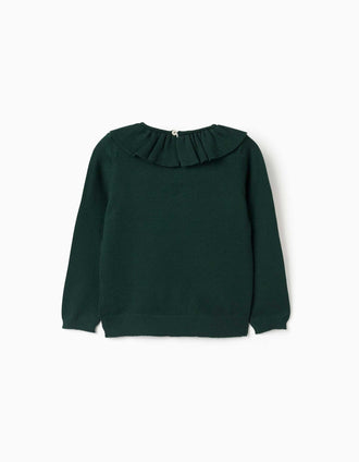 Camisola de malha com gola de folhos para menina, verde-escuro