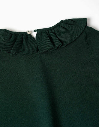 Camisola de malha com gola de folhos para menina, verde-escuro