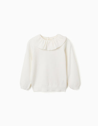 Pull en maille avec col à volants pour fille, blanc