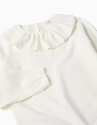 Pull en maille avec col à volants pour fille, blanc