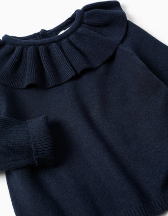 Jersey de punto con extremos festoneados para bebé niña, azul marino