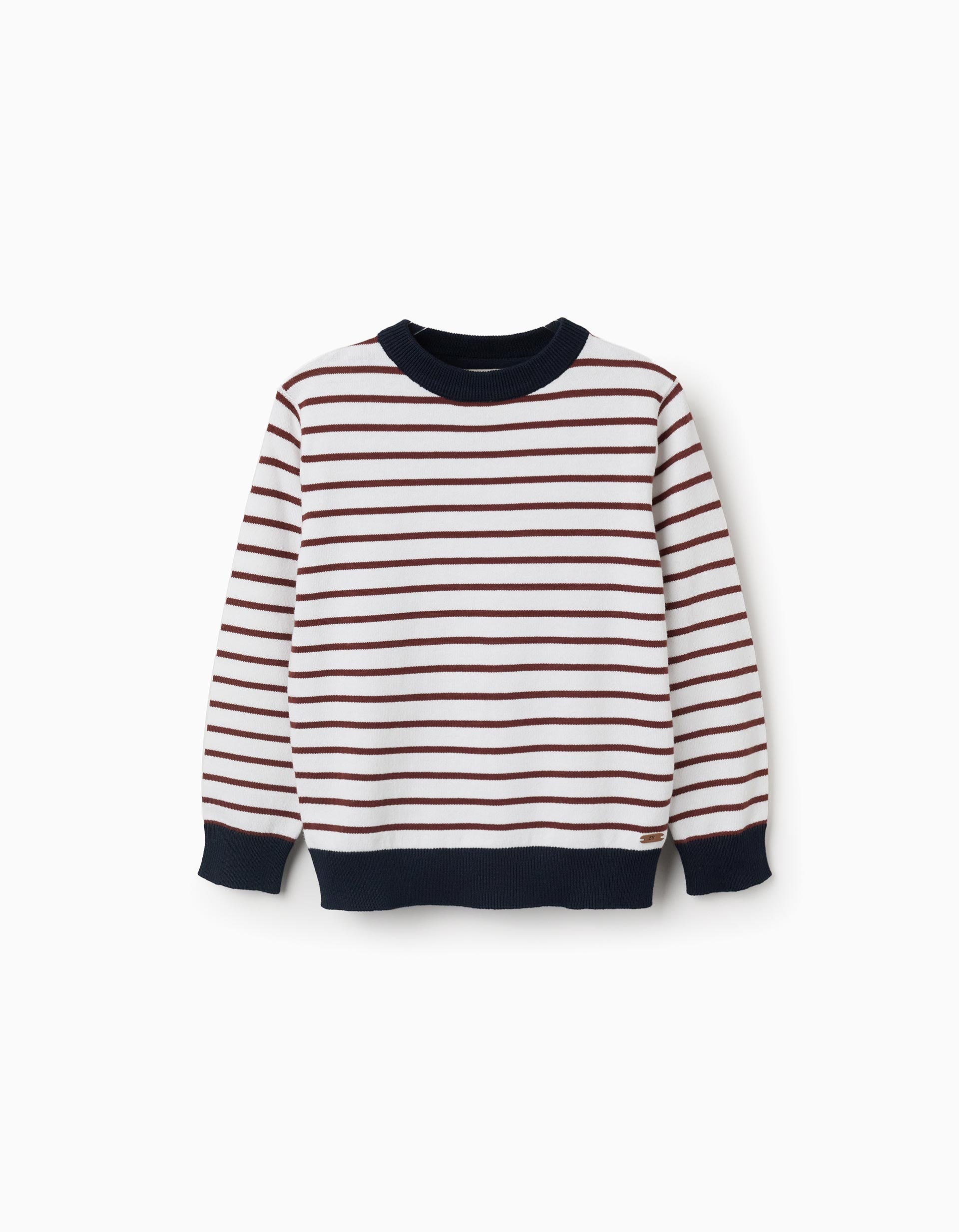 Camisola de malha às riscas para menino, branco/castanho/azul-marinho