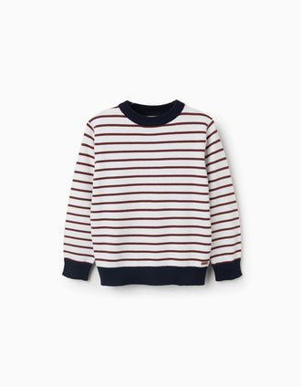 Camisola de malha às riscas para menino, branco/castanho/azul-marinho