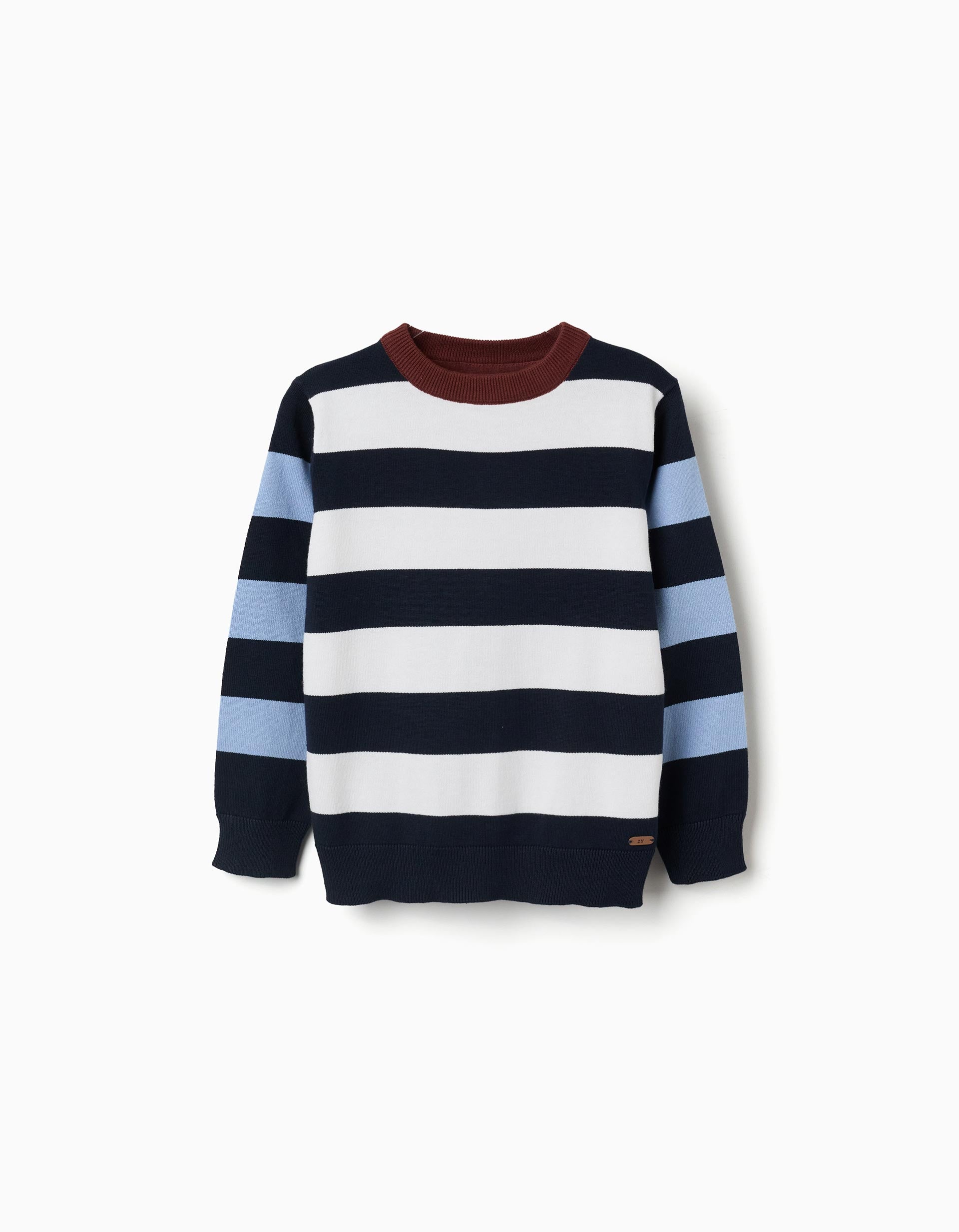 Camisola de malha às riscas para menino, branco/castanho/azul
