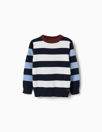 Camisola de malha às riscas para menino, branco/castanho/azul