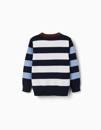 Camisola de malha às riscas para menino, branco/castanho/azul