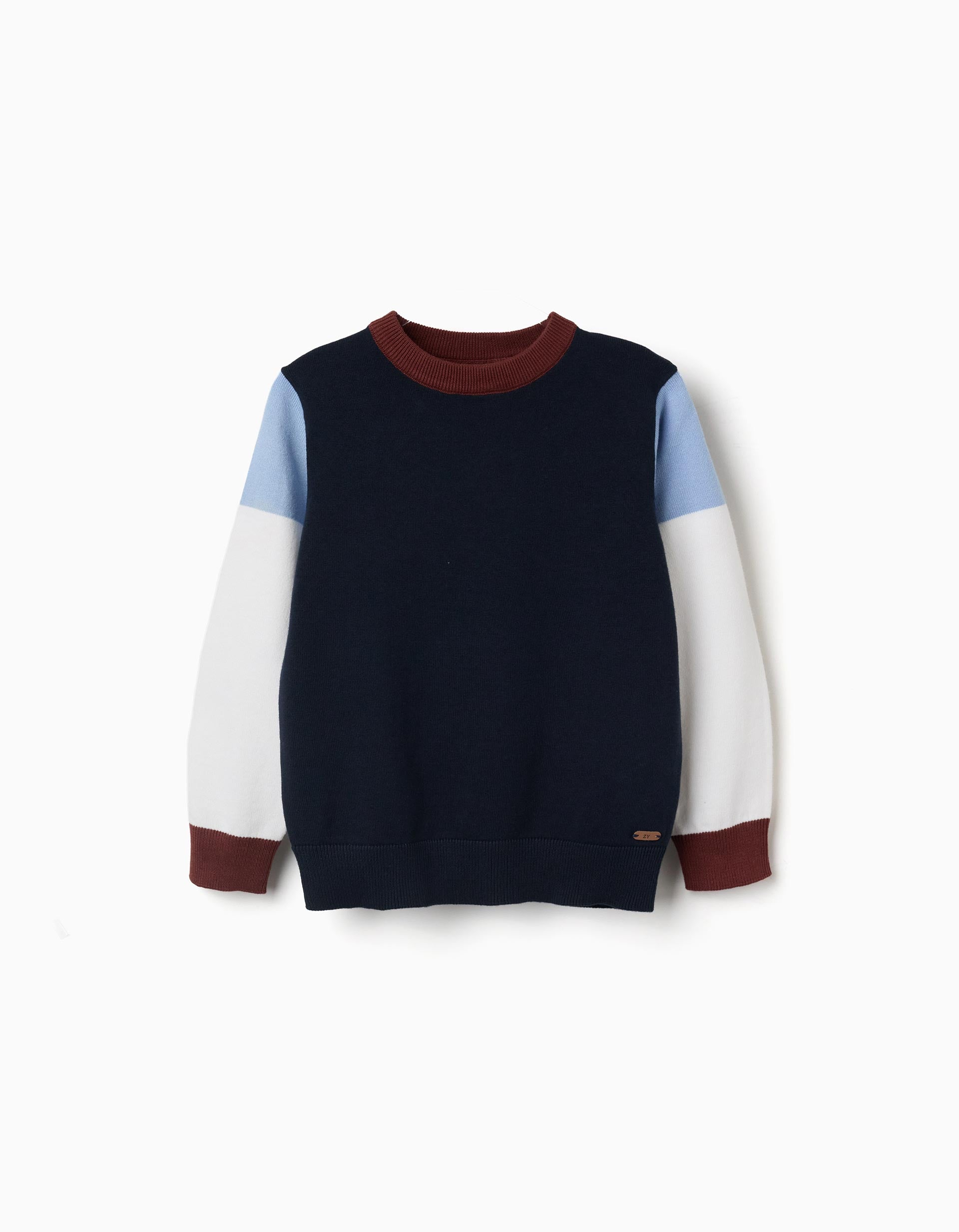 Camisola de malha com colour block para menino, azul-marinho/branco/castanho