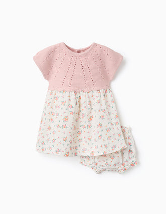 Dual-fabric dress with floral pattern for newborn girls, white/pink