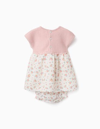 Dual-fabric dress with floral pattern for newborn girls, white/pink
