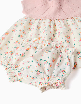 Dual-fabric dress with floral pattern for newborn girls, white/pink