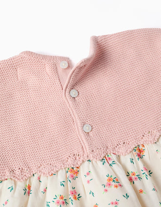 Dual-fabric dress with floral pattern for newborn girls, white/pink