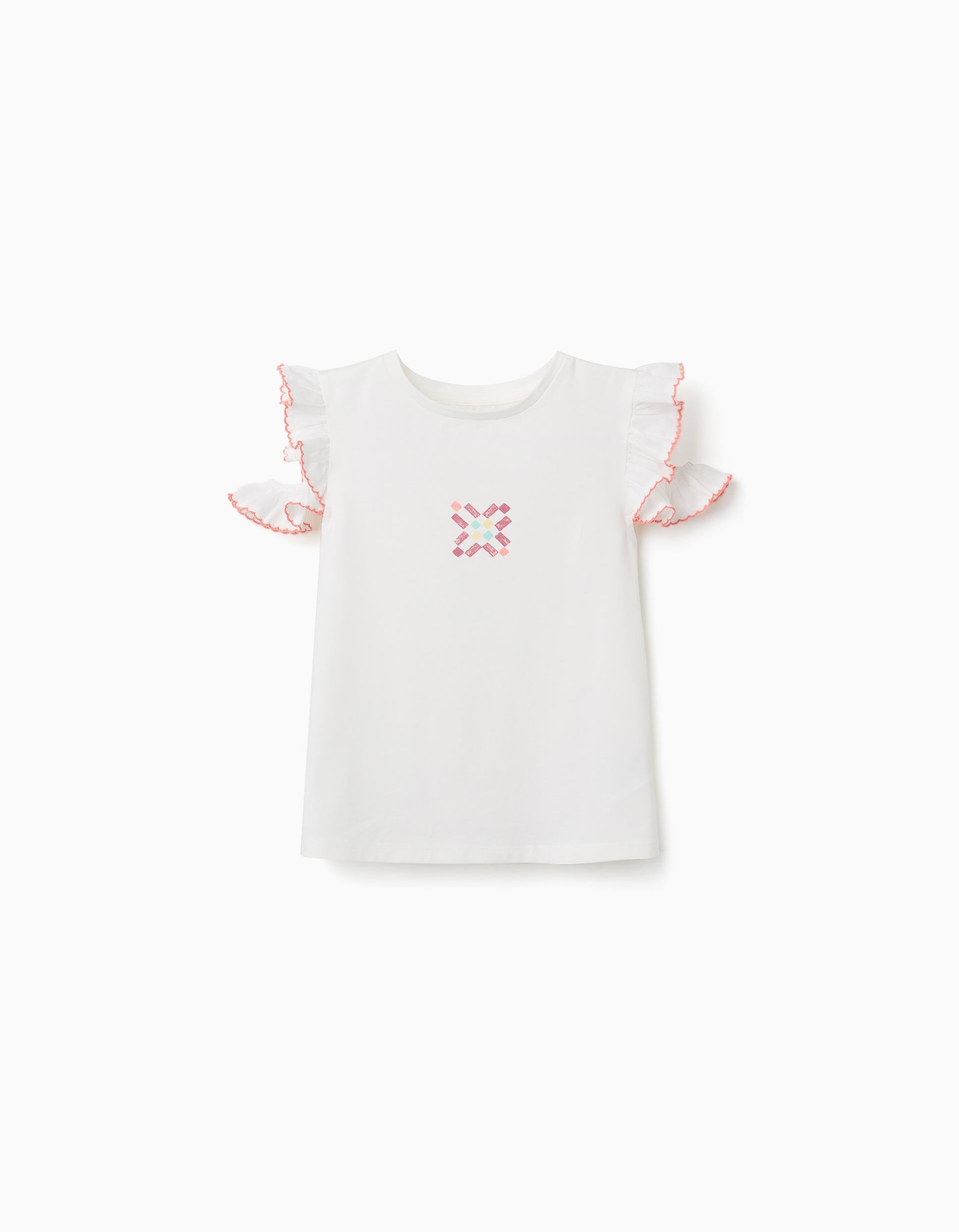 Cotton T-shirt with tile print and ruffled sleeves for girls, white