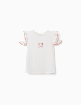 T-shirt de algodão com azulejo estampado e folhos para menina, branco