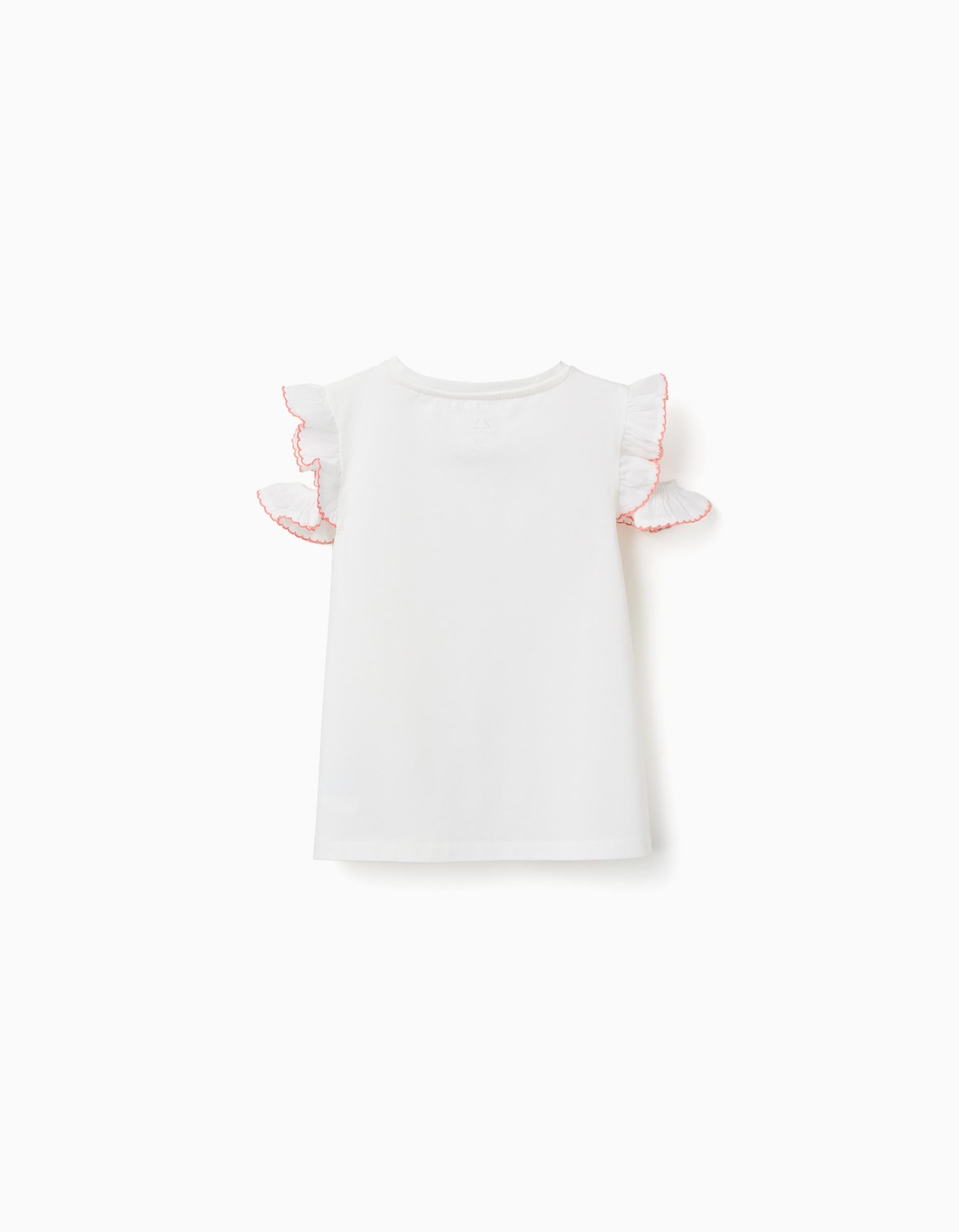 Cotton T-shirt with tile print and ruffled sleeves for girls, white