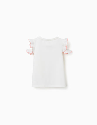 T-shirt de algodão com azulejo estampado e folhos para menina, branco