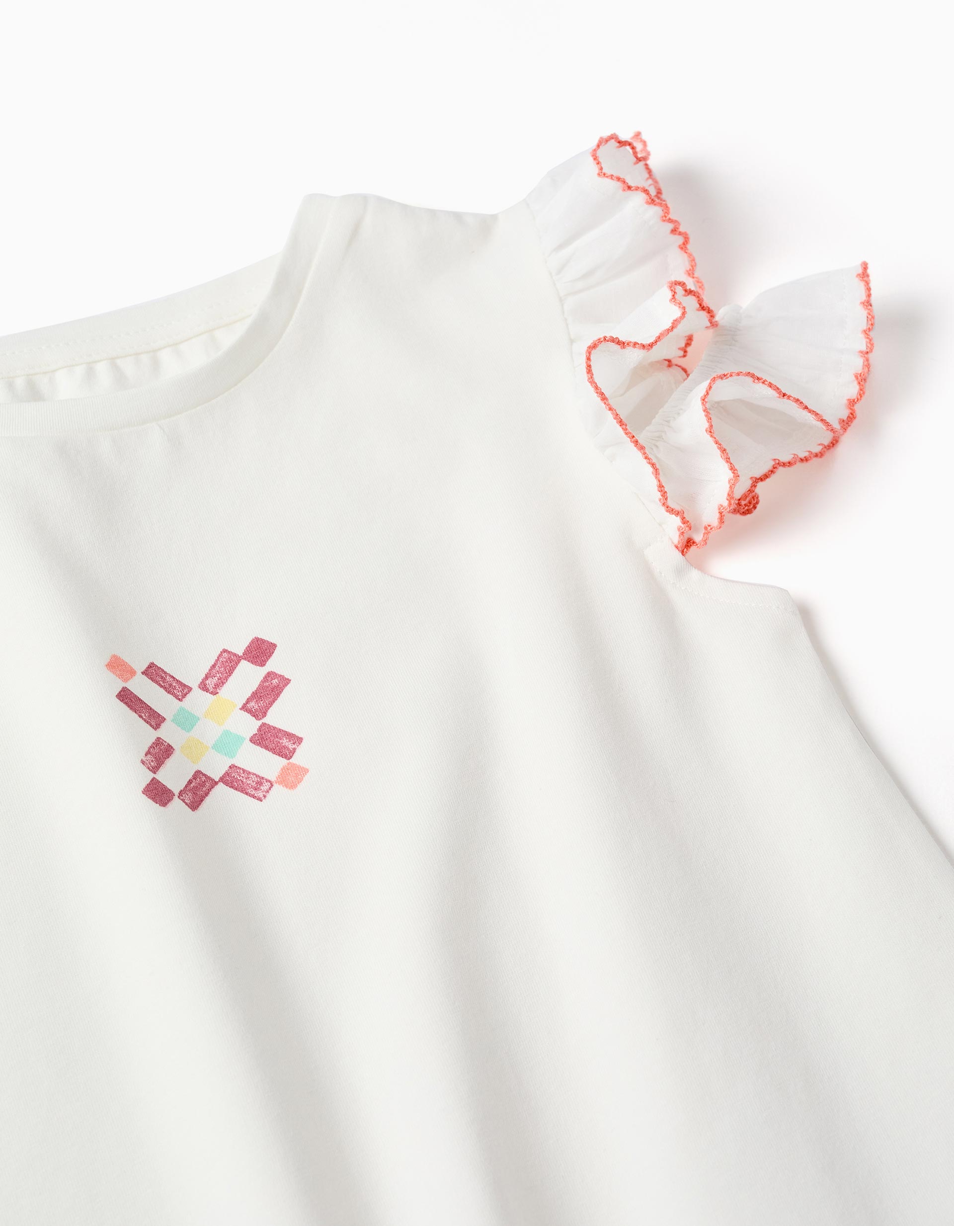 Cotton T-shirt with tile print and ruffled sleeves for girls, white