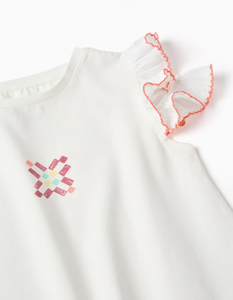 T-shirt de algodão com azulejo estampado e folhos para menina, branco