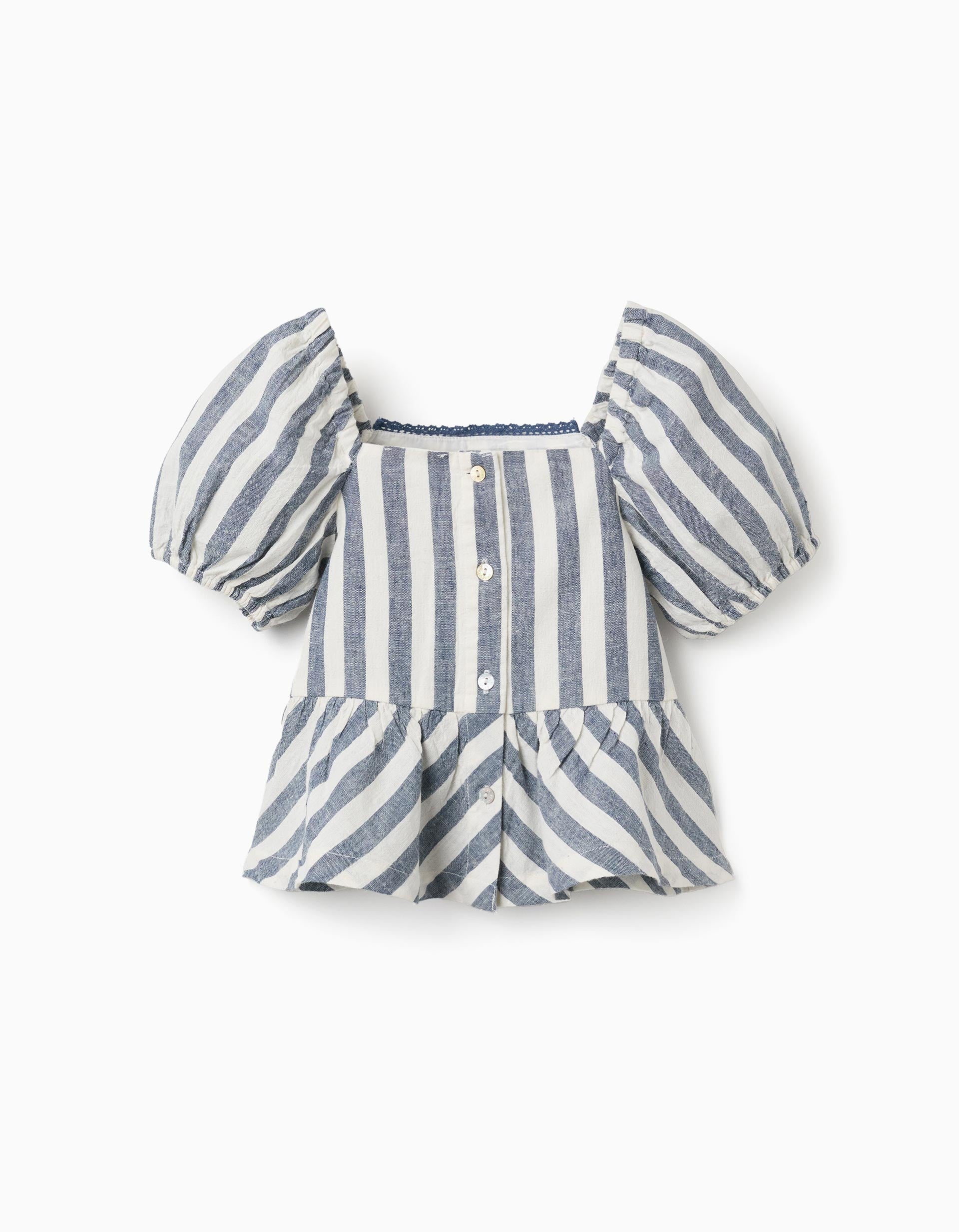 Blusa de linho às riscas com folhos You&Me para menina, branco/azul