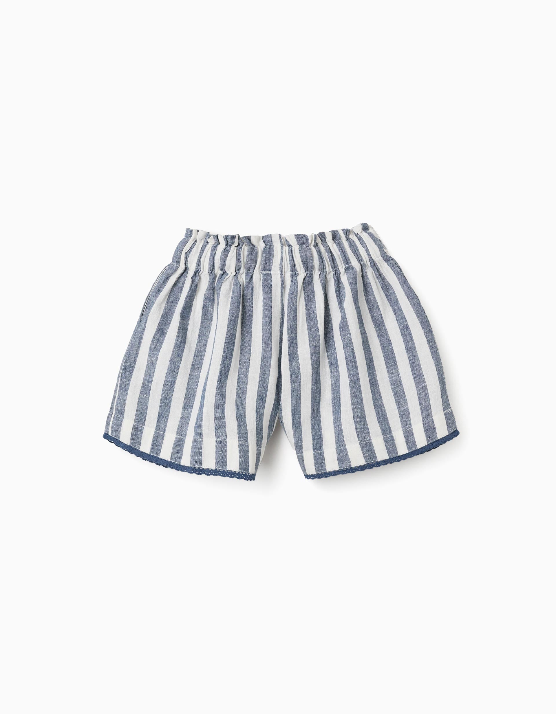 Calções de algodão e linho às riscas You&Me para menina, branco/azul