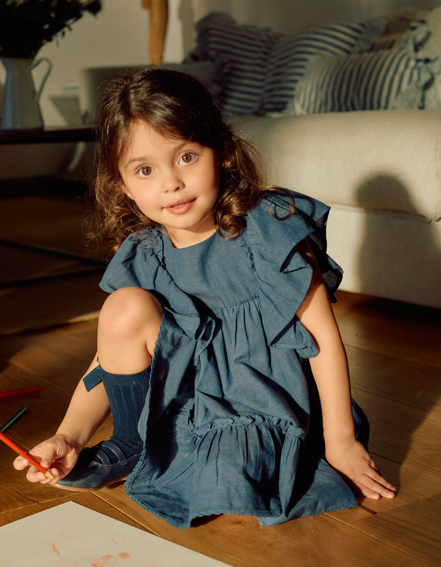 Vestido de algodão e linho com folhos You&Me para menina, azul