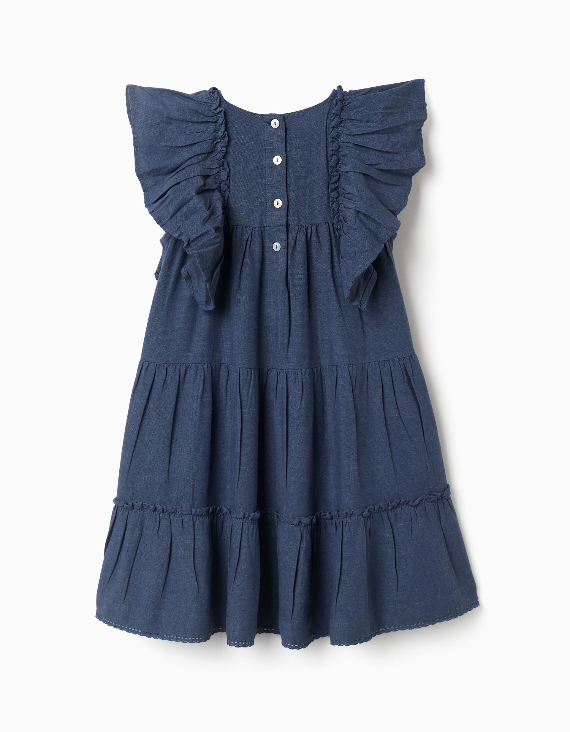 Vestido de algodão e linho com folhos You&Me para menina, azul