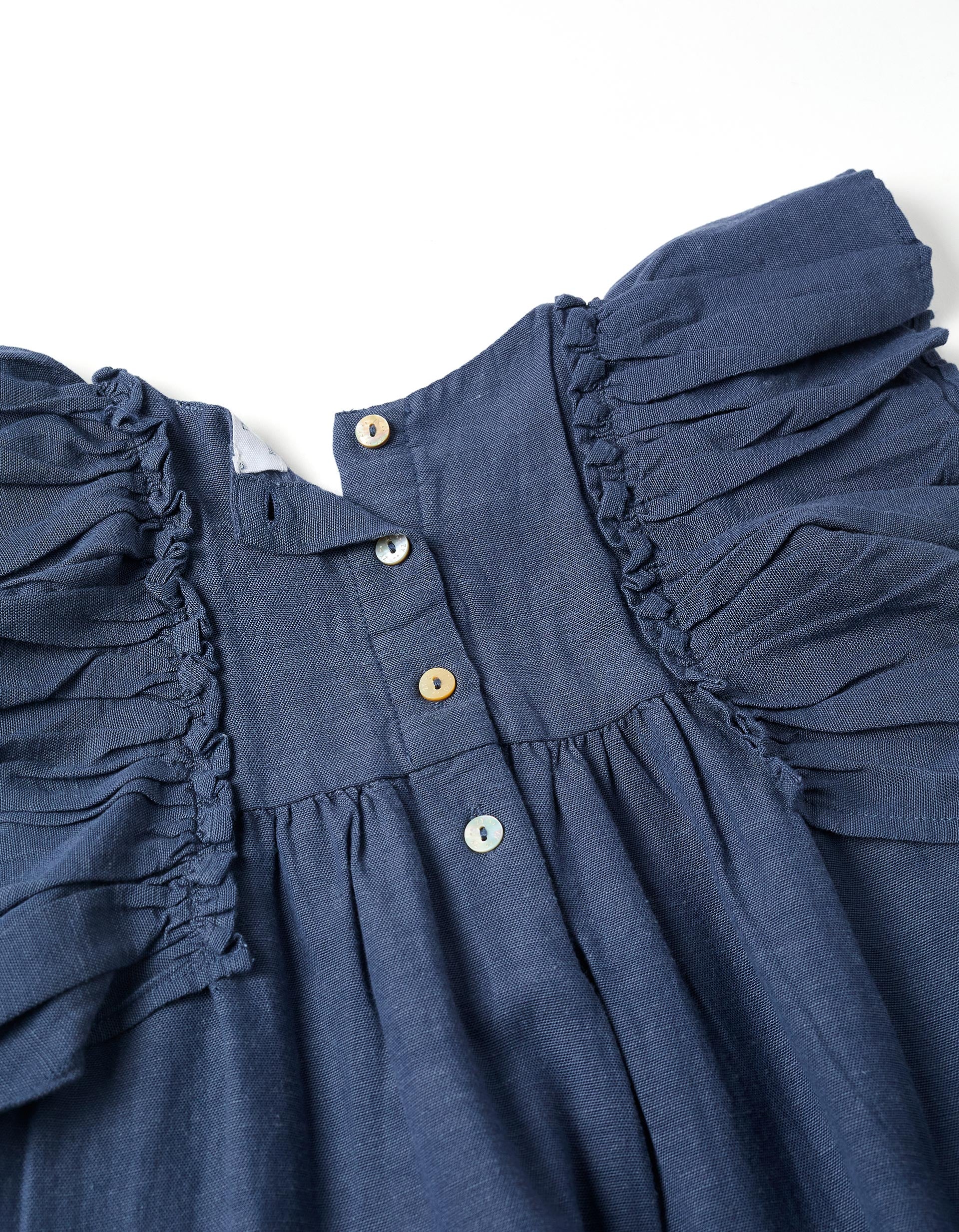 Vestido de algodão e linho com folhos You&Me para menina, azul