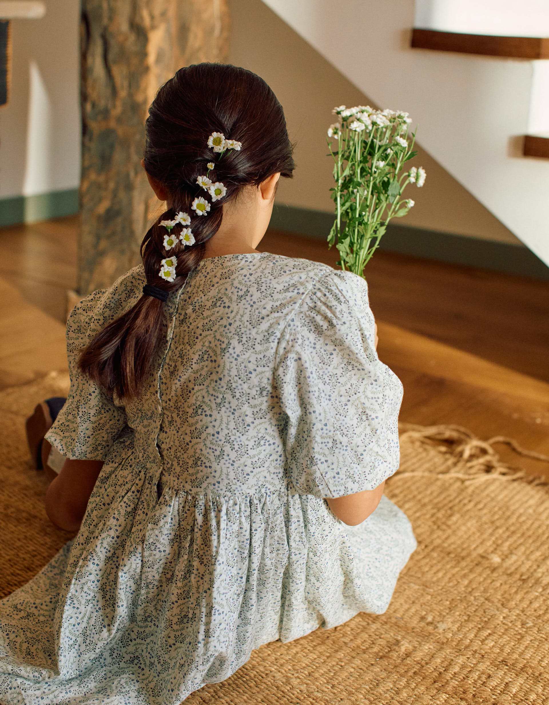 Vestido de algodão com mangas balão e flores You&Me para menina, branco