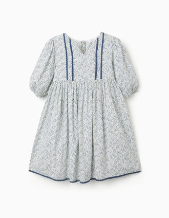 Cotton dress with balloon sleeves and flowers You&Me for girls, white