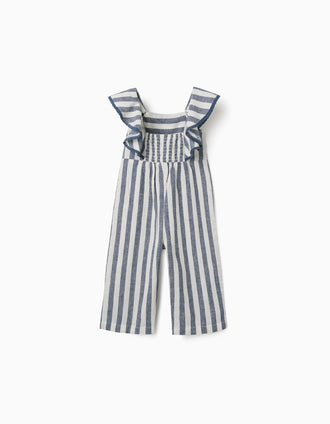 Macacão de algodão e linho às riscas You&Me para bebé menina, branco/azul