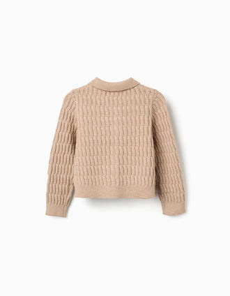 Cardigan in cable and openwork knit for girls, beige