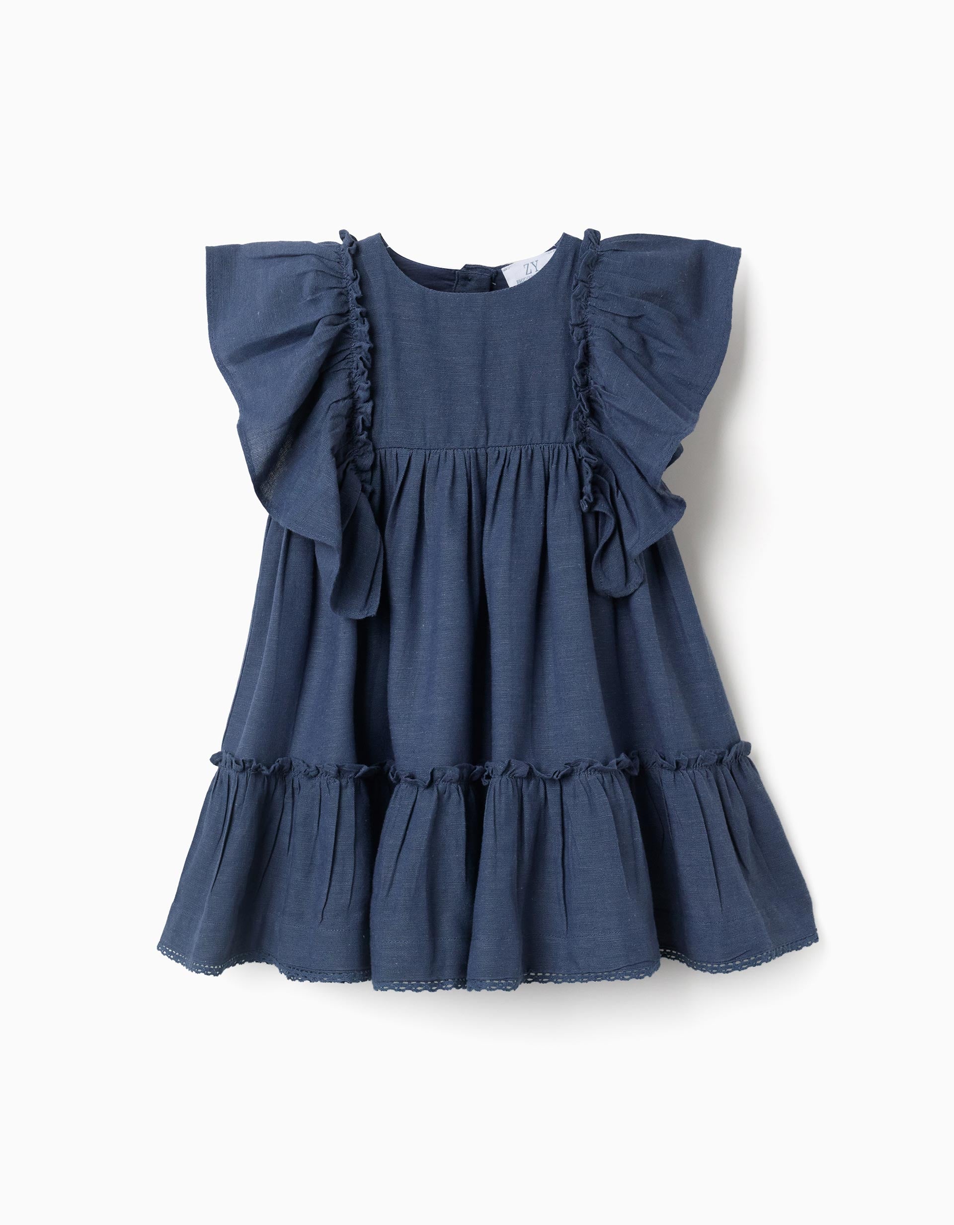 Vestido de algodão e linho com folhos You&Me para bebé menina, azul