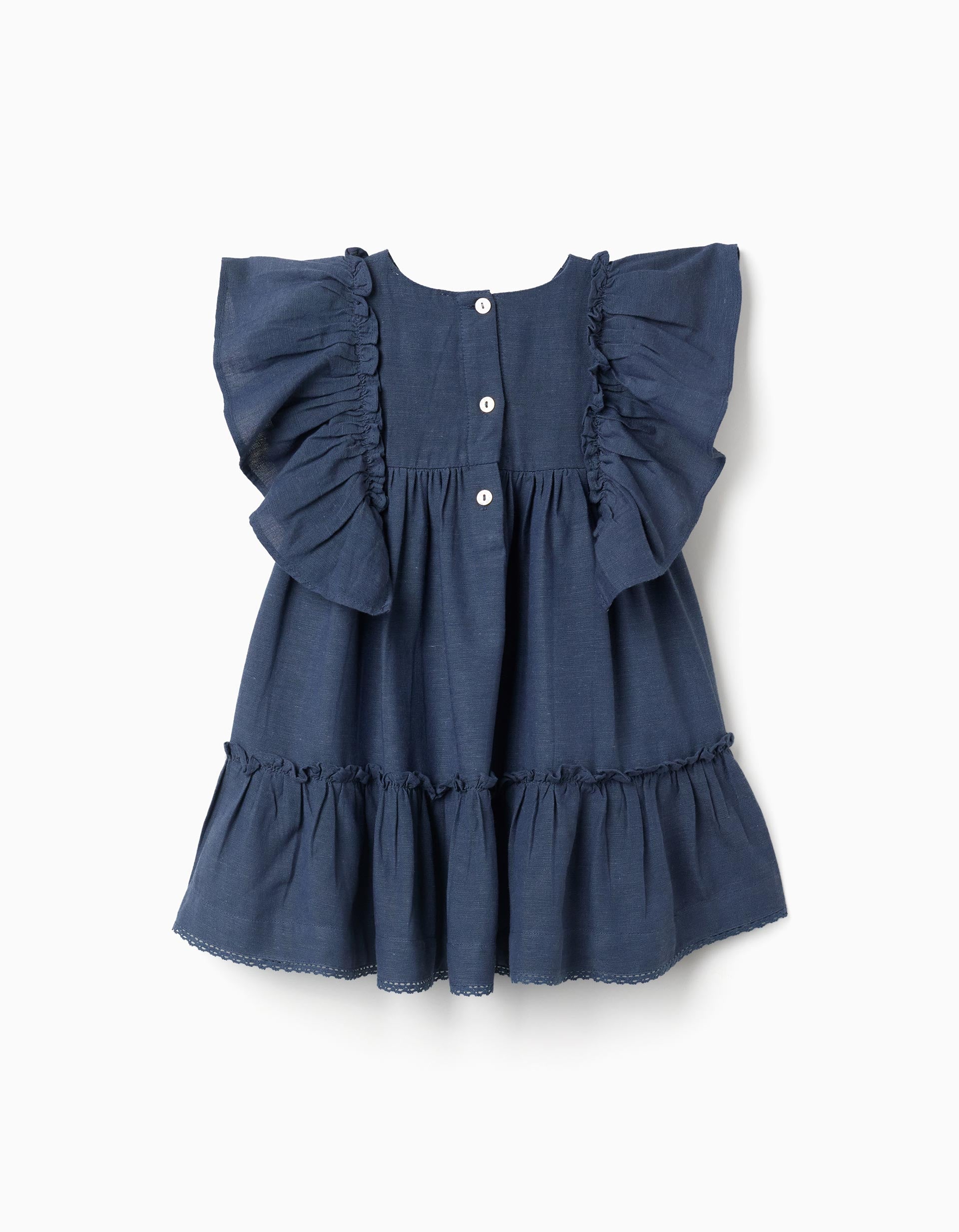 Vestido de algodão e linho com folhos You&Me para bebé menina, azul