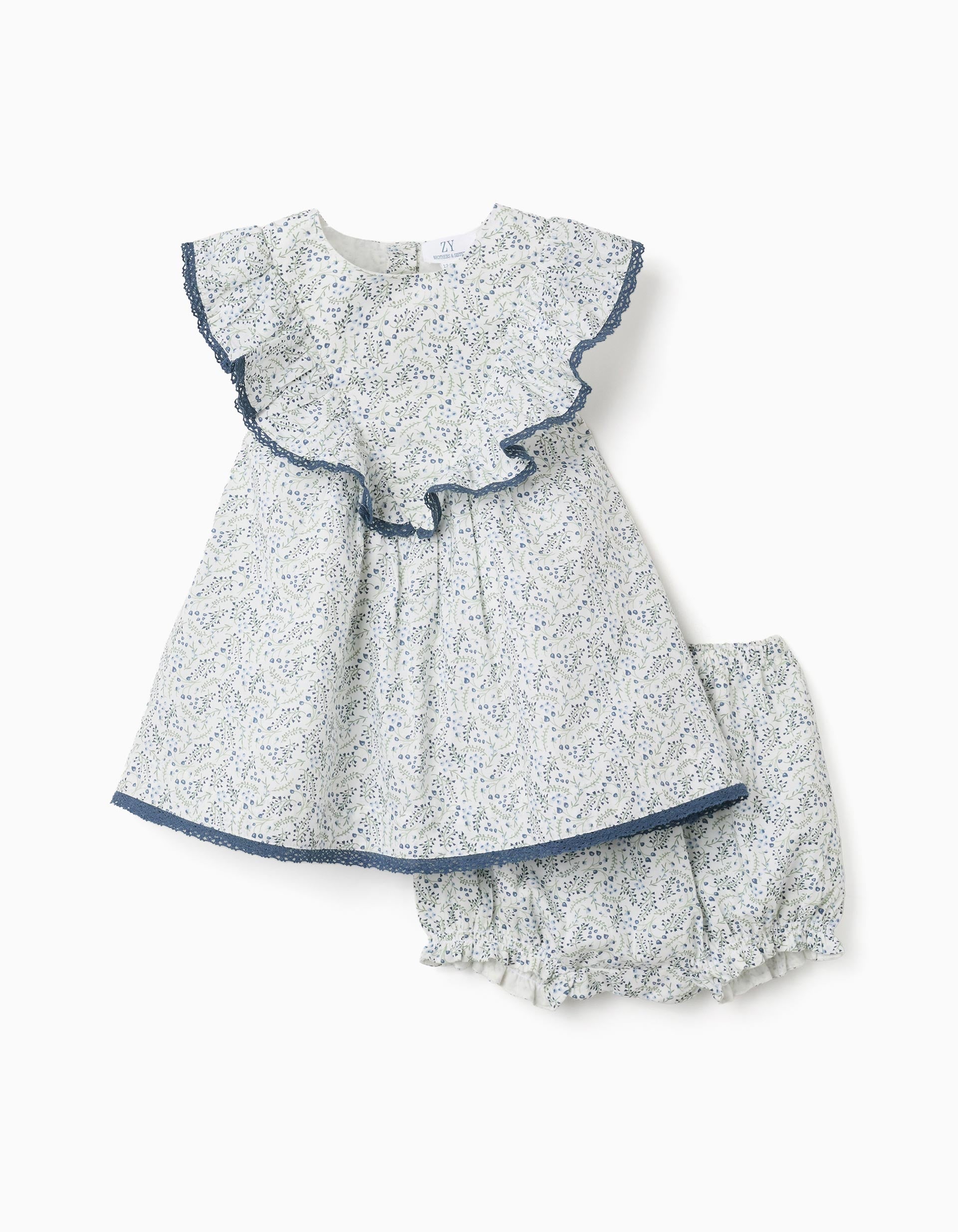 Vestido + tapa-fraldas de algodão com flores You&Me para bebé menina, branco