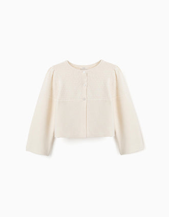 Cotton cardigan in link stitch B&S for girls, light beige