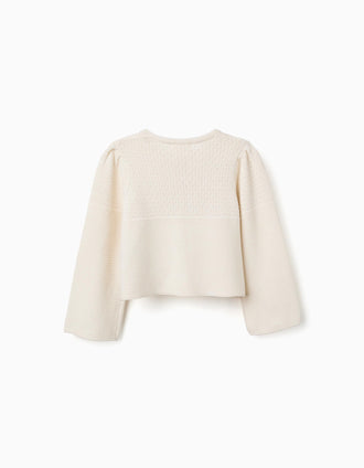 Cotton cardigan in link stitch B&S for girls, light beige